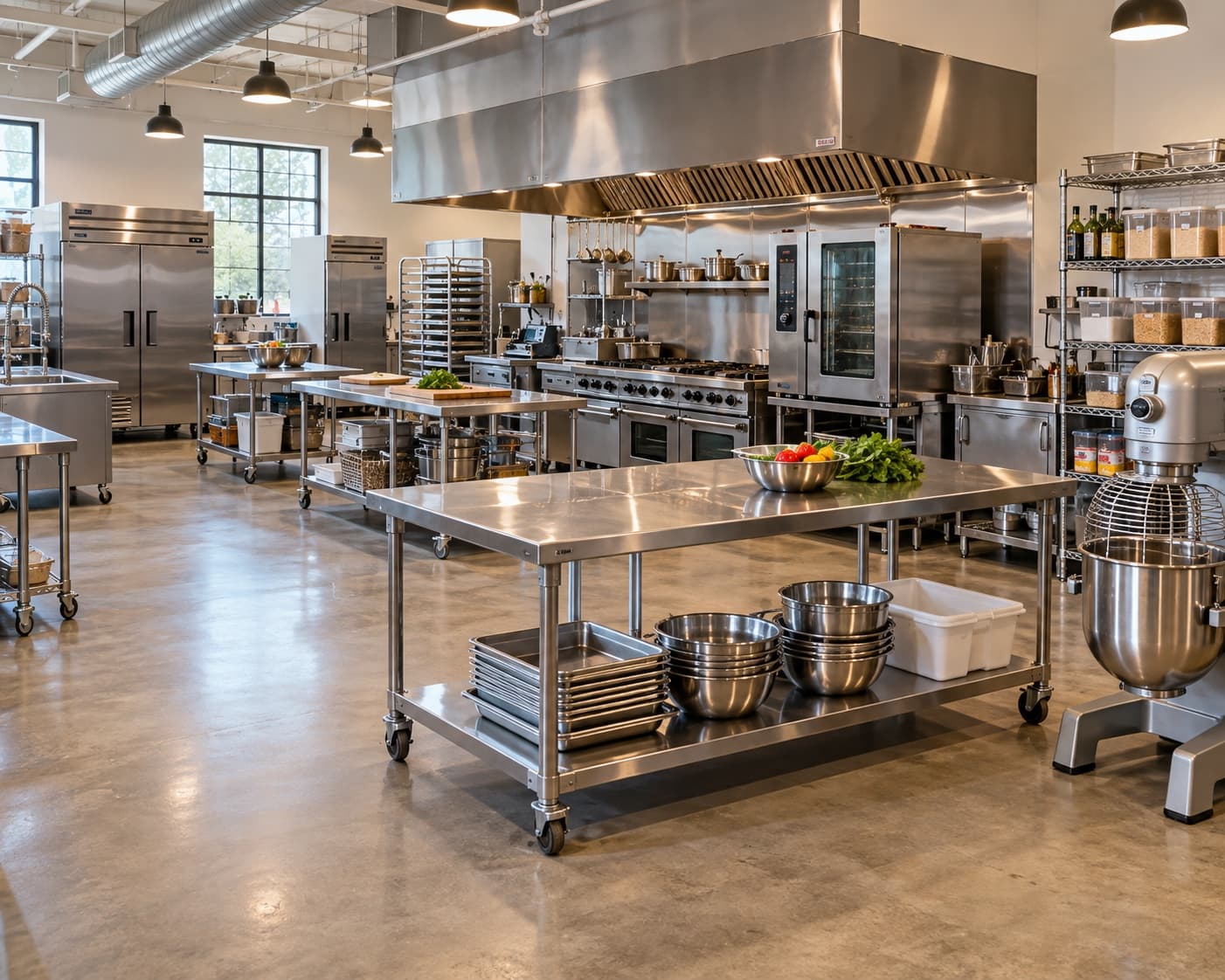 A spacious professional commercial kitchen with industrial equipment and prep stations